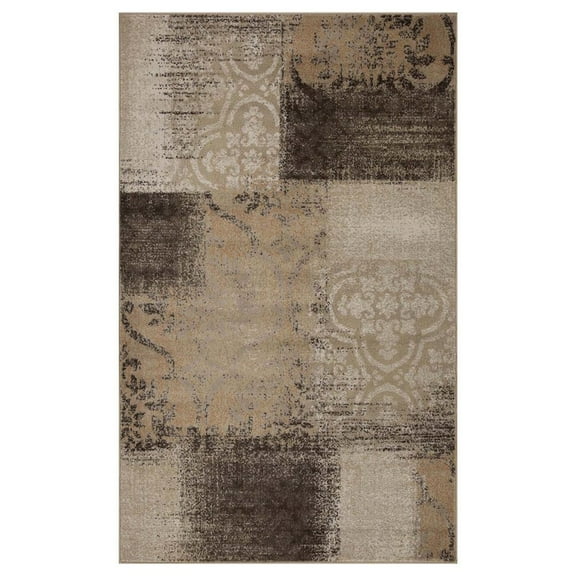 HomeRoots 4' X 6' Beige Gray And Black Damask Distressed Stain Resistant Area Rug