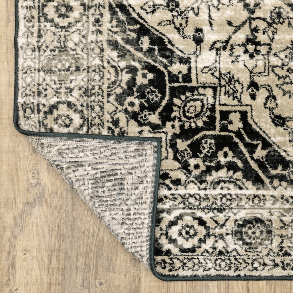 Ivory and Black 4' x 6' Oriental Stain-Resistant Area Rug