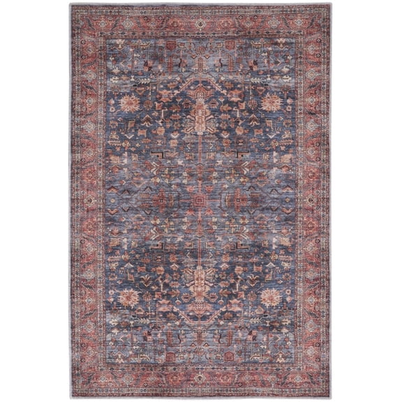 4' x 6' Blue and Red Oriental Power Loom Distressed Washable Non Skid Area Rug