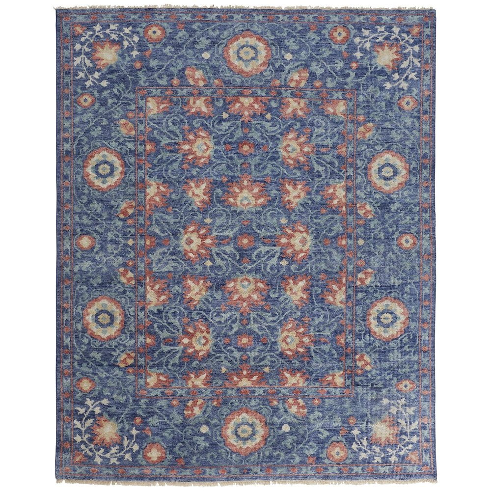 4' x 6' Blue and Red Wool Floral Hand Knotted Rug