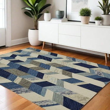 HomeRoots 4' X 6' Blue Ivory And Gray Wool Geometric Tufted Handmade Area Rug