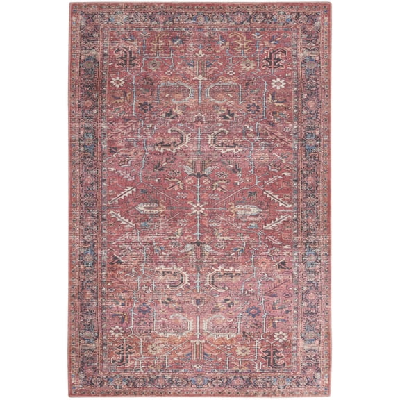 2' X 4' Brick Oriental Power Loom Distressed Washable Area Rug