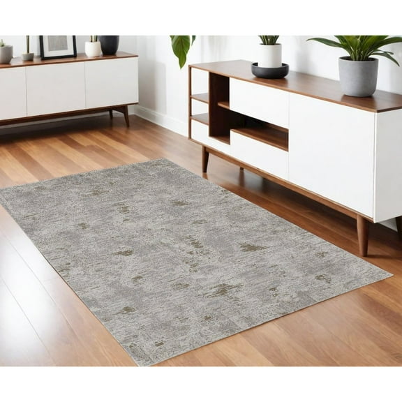 4' X 6' Ivory Gray And Tan Abstract Power Loom Distressed Stain Resistant Area Rug
