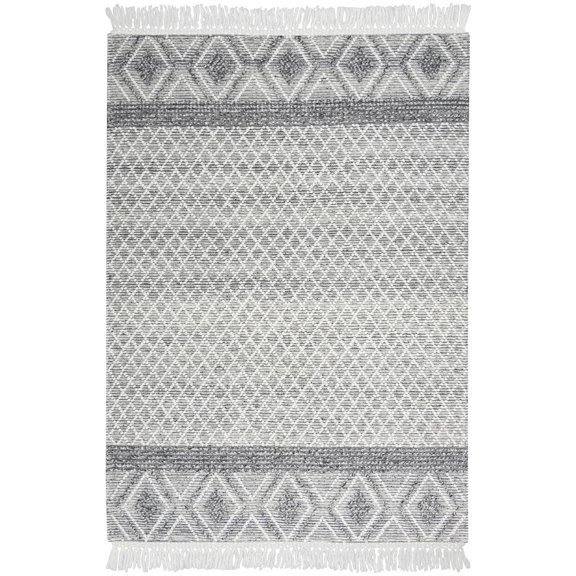 4' x 6' Gray and Ivory Geometric Hand Woven Area Rug With Fringe