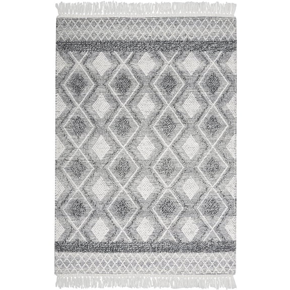 4' x 6' Gray and Ivory Geometric Hand Woven Area Rug With Fringe