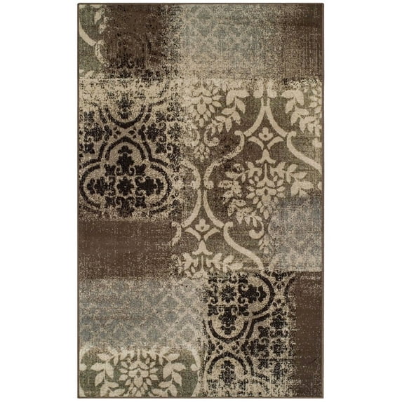 HomeRoots 4' X 6' Ivory Light Blue Damask Distressed Stain Resistant Area Rug