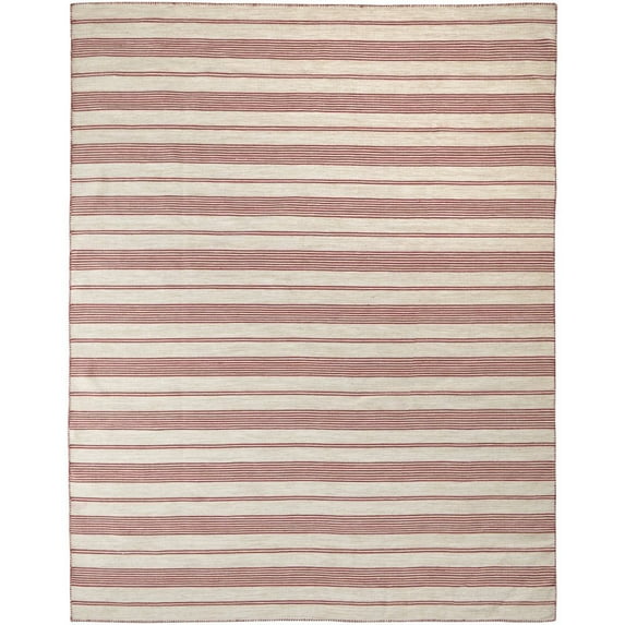 4' X 6' Red And Ivory Striped Dhurrie Hand Woven Stain Resistant Area Rug