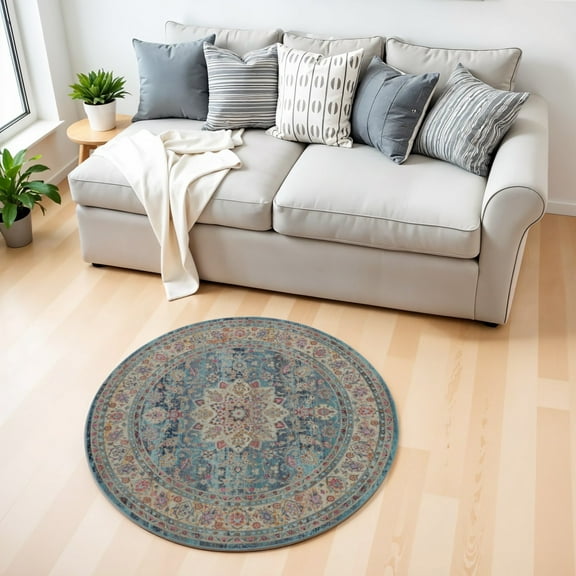 HomeRoots 552443 4 ft. Floral Distressed Round Rug, Blue & Beige