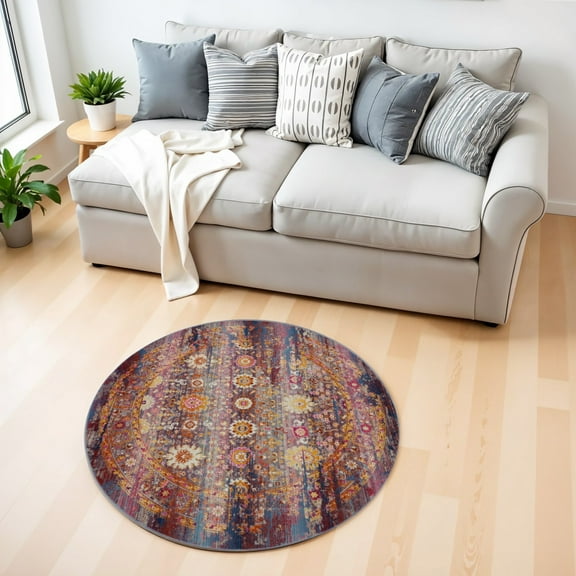 4' Blue Yellow And Red Floral Distressed Round Rug