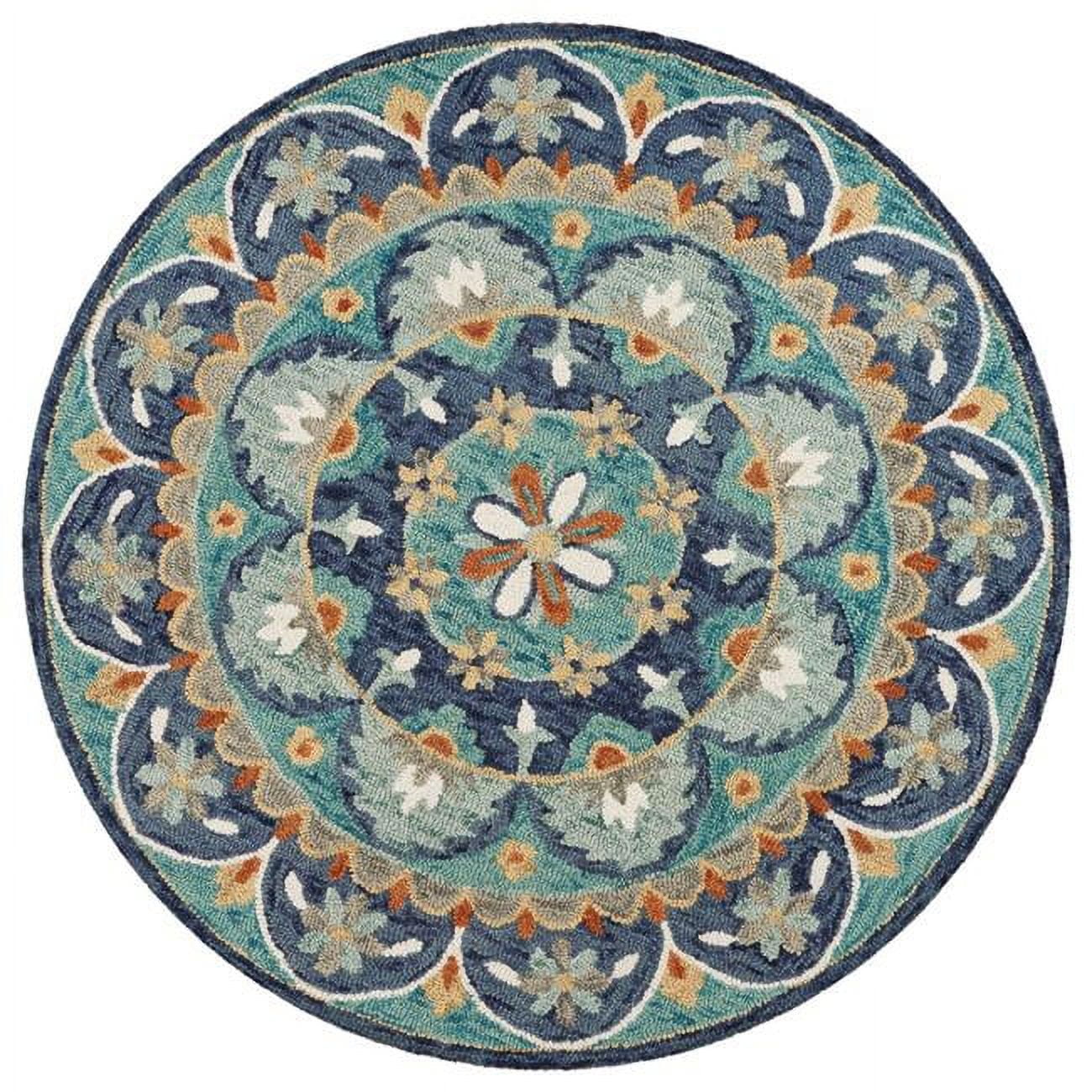 Hand-Tufted Round Blue Floral Mandala Wool Area Rug
