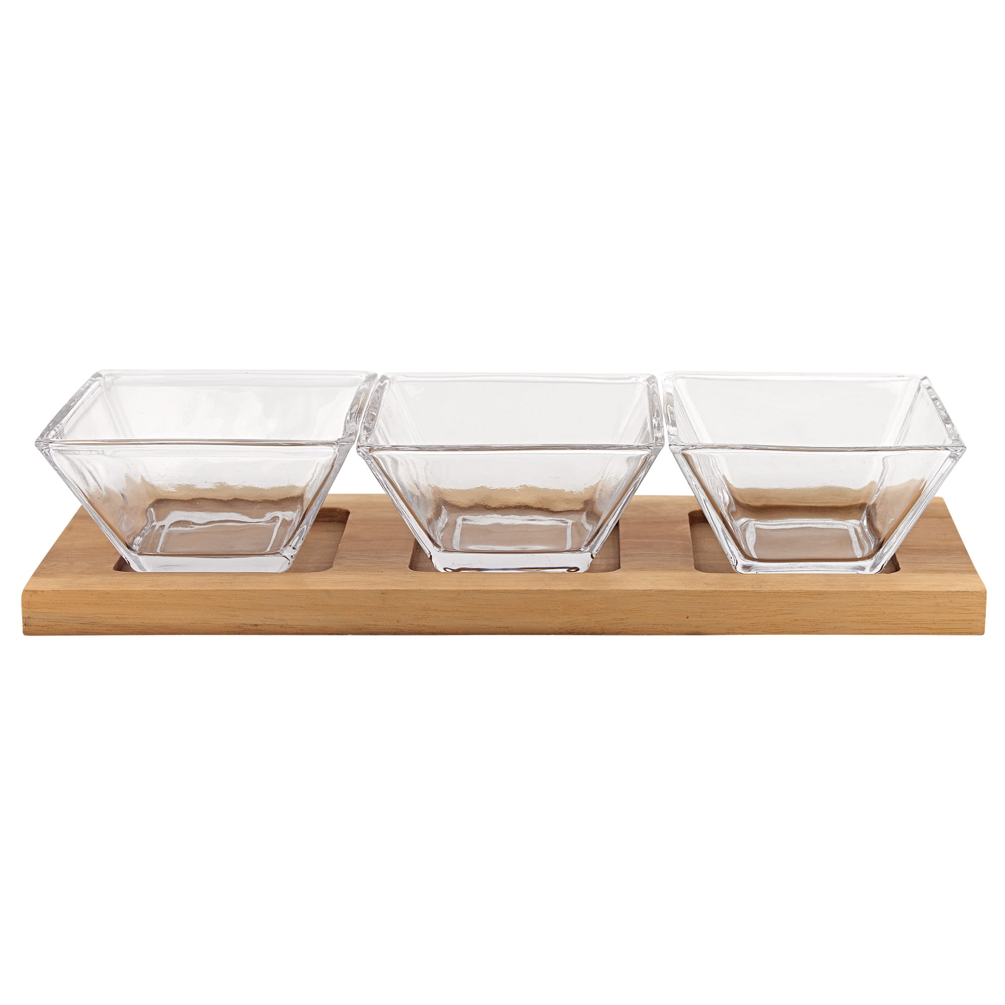 4-Piece Clear Glass Condiment Bowls on Wood Tray
