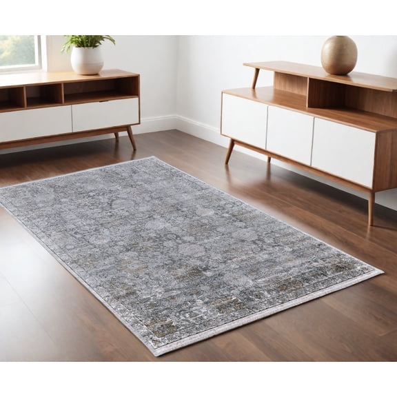 4' X 5' Gray and Silver Damask Power Loom Worn Faded Area Rug