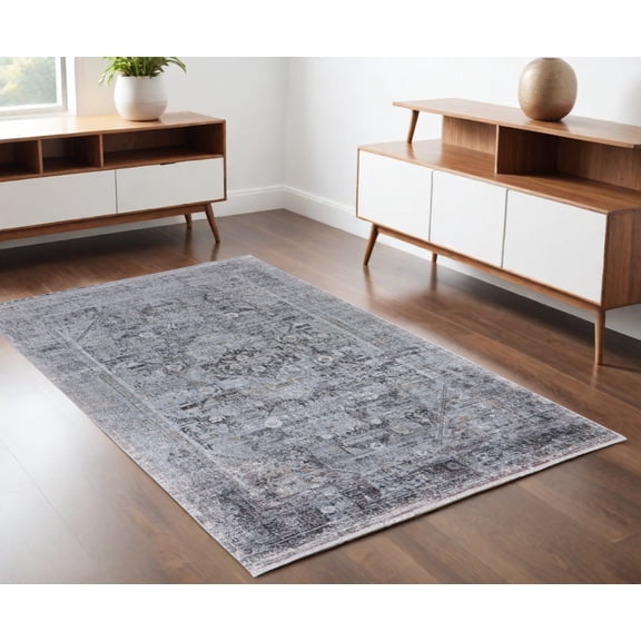 4' X 5' Gray and Silver Oriental Power Loom Worn Faded Area Rug