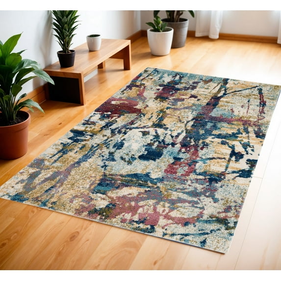4' X 6' Cream Blue and Green Abstract Distressed Area Rug