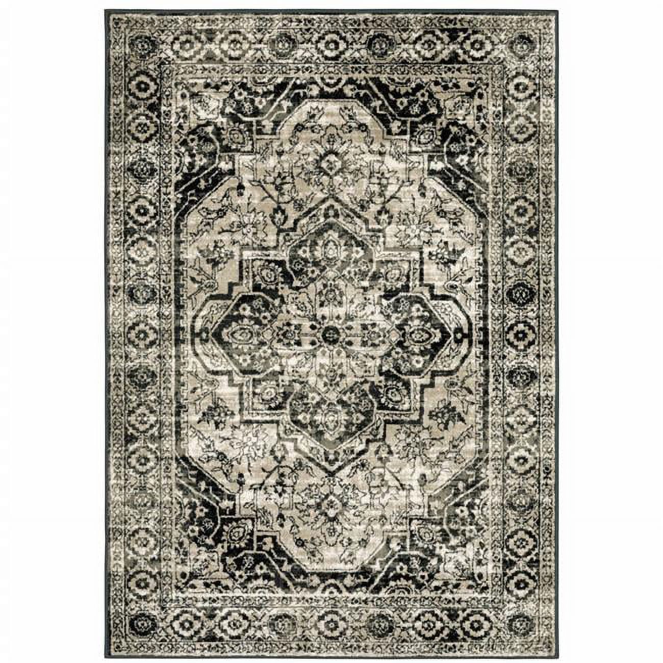 Ivory and Black 4' x 6' Oriental Stain-Resistant Area Rug