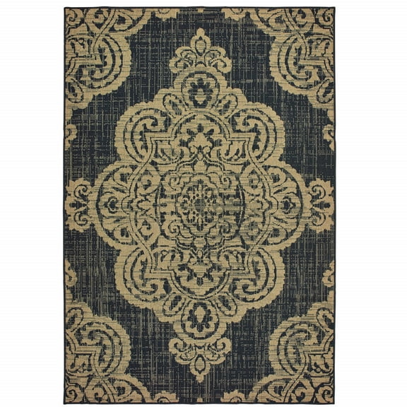 4 x 6 Black and Tan Oriental Stain Resistant Indoor Outdoor Area Rug