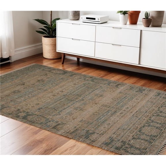 HomeRoots 570600 4 x 6 ft. Brown Dark Gray & Dark Turquoise Oriental Hand Woven Rectangle Area Rug with Fringe