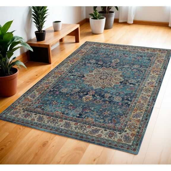 4' X 6' Blue and Beige Floral Distressed Area Rug