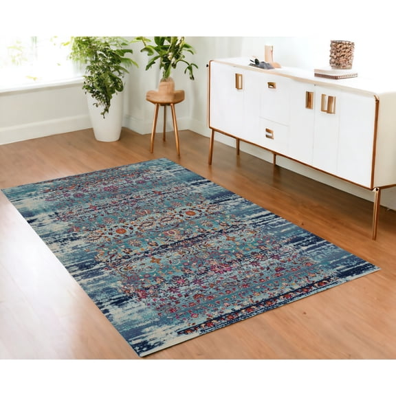 4' X 6' Blue Red And Orange Floral Distressed Area Rug