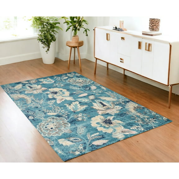 4' X 6' Turquoise Cream and Navy Blue Floral Distressed Area Rug