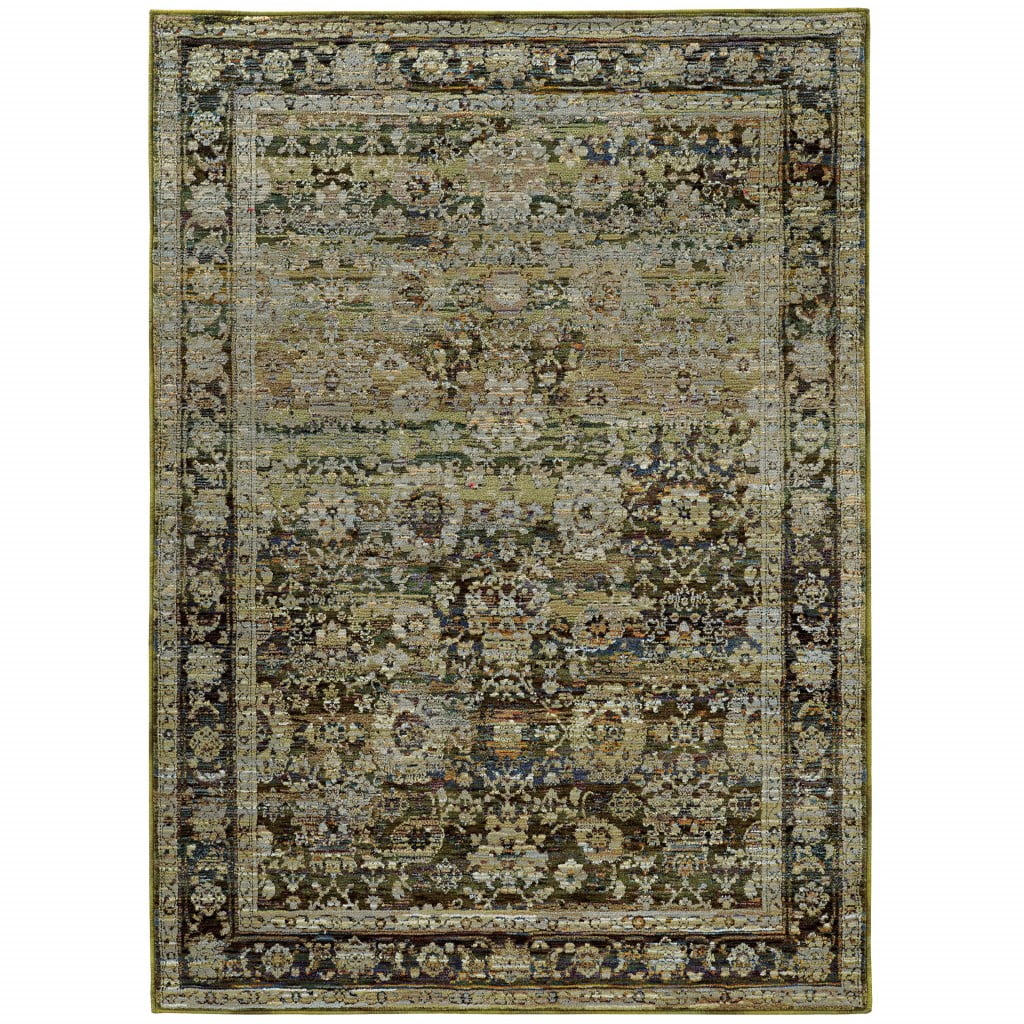 Ivory and Green Floral Stain-Resistant Area Rug