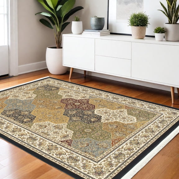 4' X 6' Navy Blue Tan And Black Oriental Area Rug With Fringe