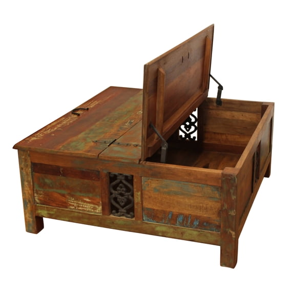40" Rustic Brown Reclaimed Wood Square Lift Top Coffee Table
