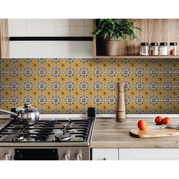 HomeRoots 400079 7 x 7 in. Yellow & Blue Provence Peel & Stick Removable Tiles