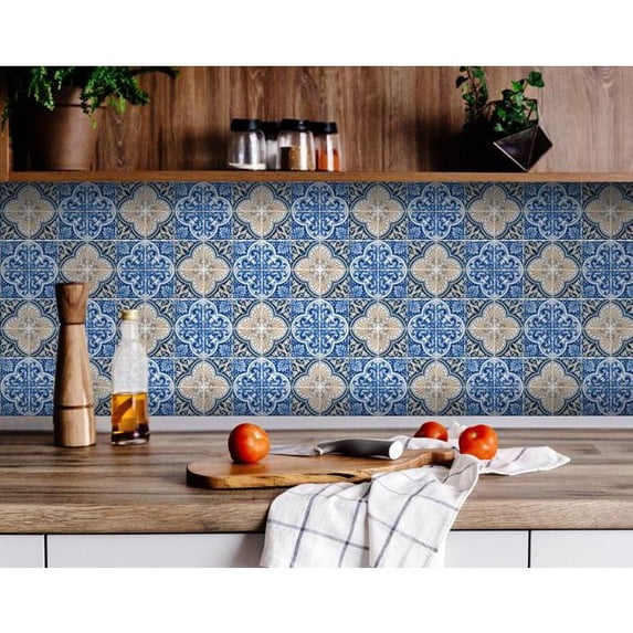 4" X 4" Blues and Crema Peel And Stick Removable Tiles