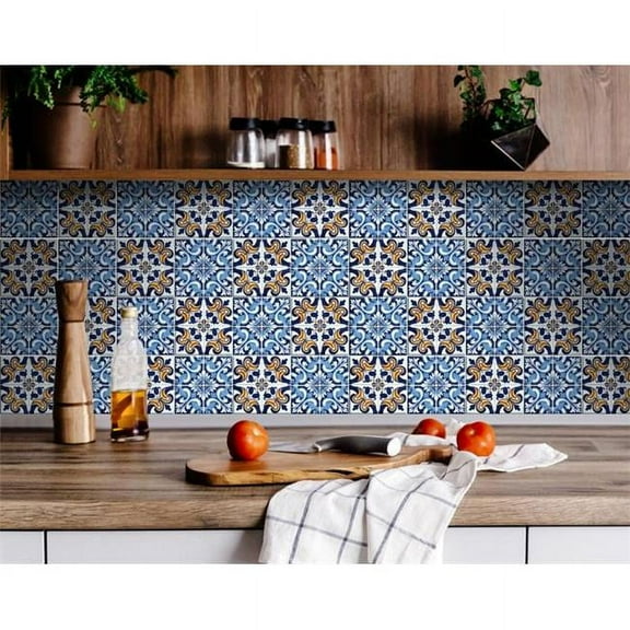 HomeRoots 400174 7 x 7 in. Blue White Golden Peel & Stick Tiles