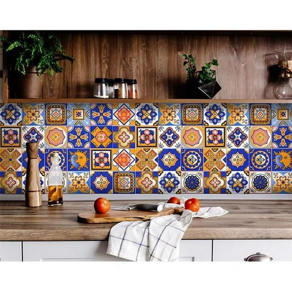 HomeRoots 400444 7 x 7 in. Blue & Gold Celestial Mosaic Peel & Stick Removable Tiles