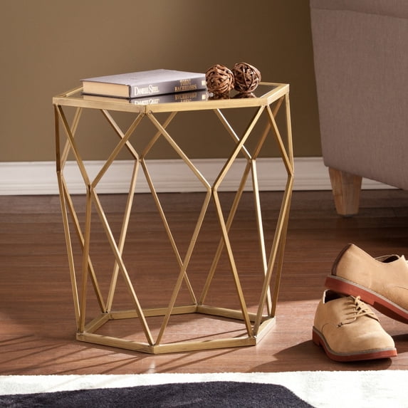 HomeRoots 402267 19 in. Reflective Glass Hexagon Mirrored End Table, Gold