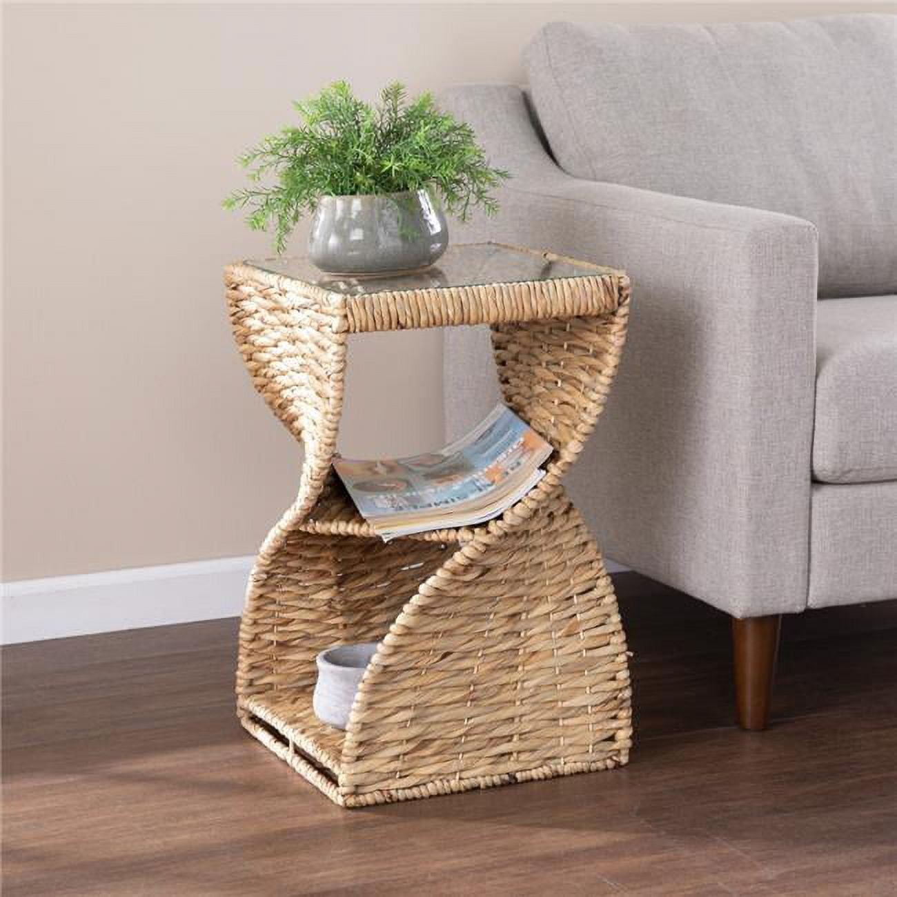 Natural Rattan Swirl Glass Top Square End Table with Storage