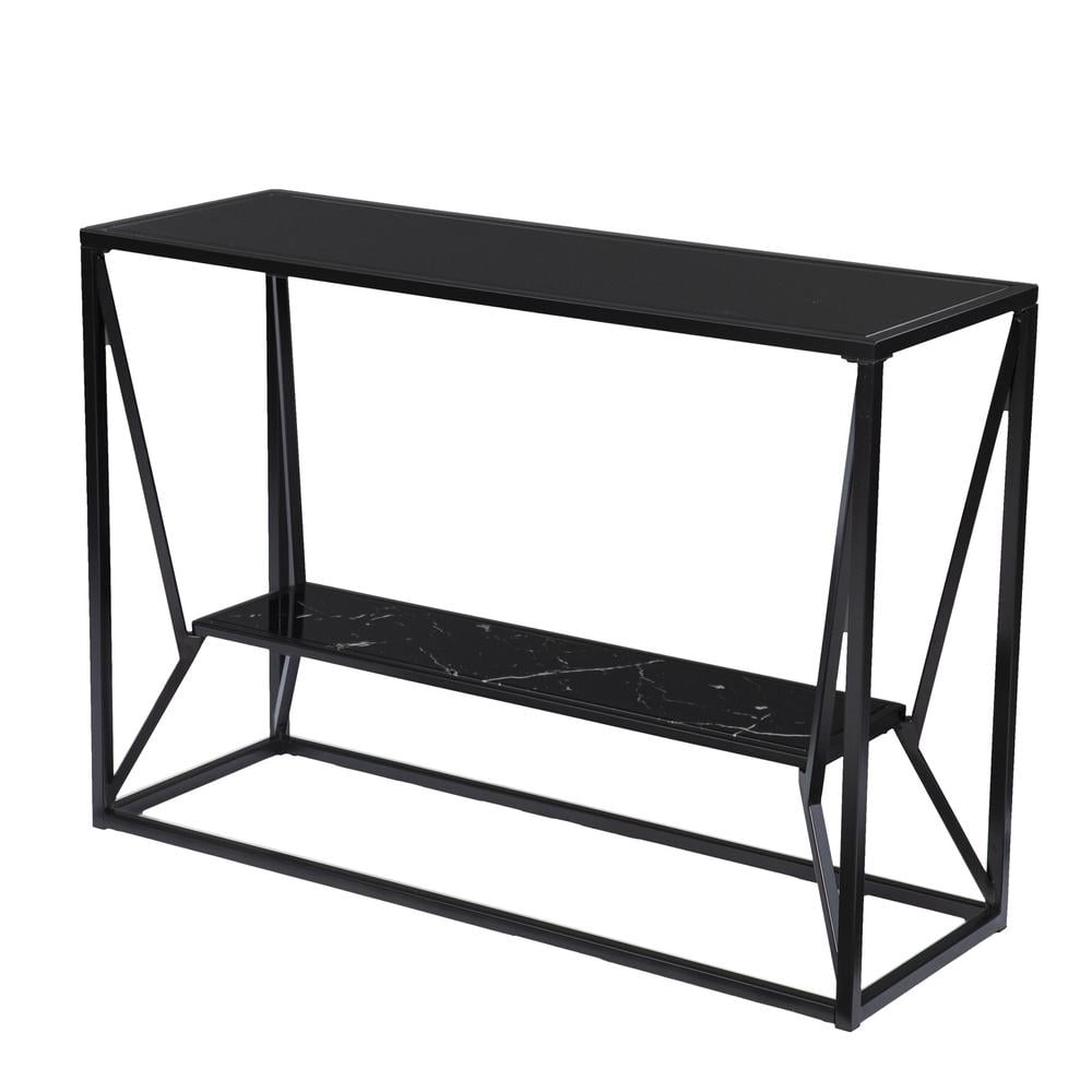 42-Inch Black Glass and Metal Console Table with Storage Shelf