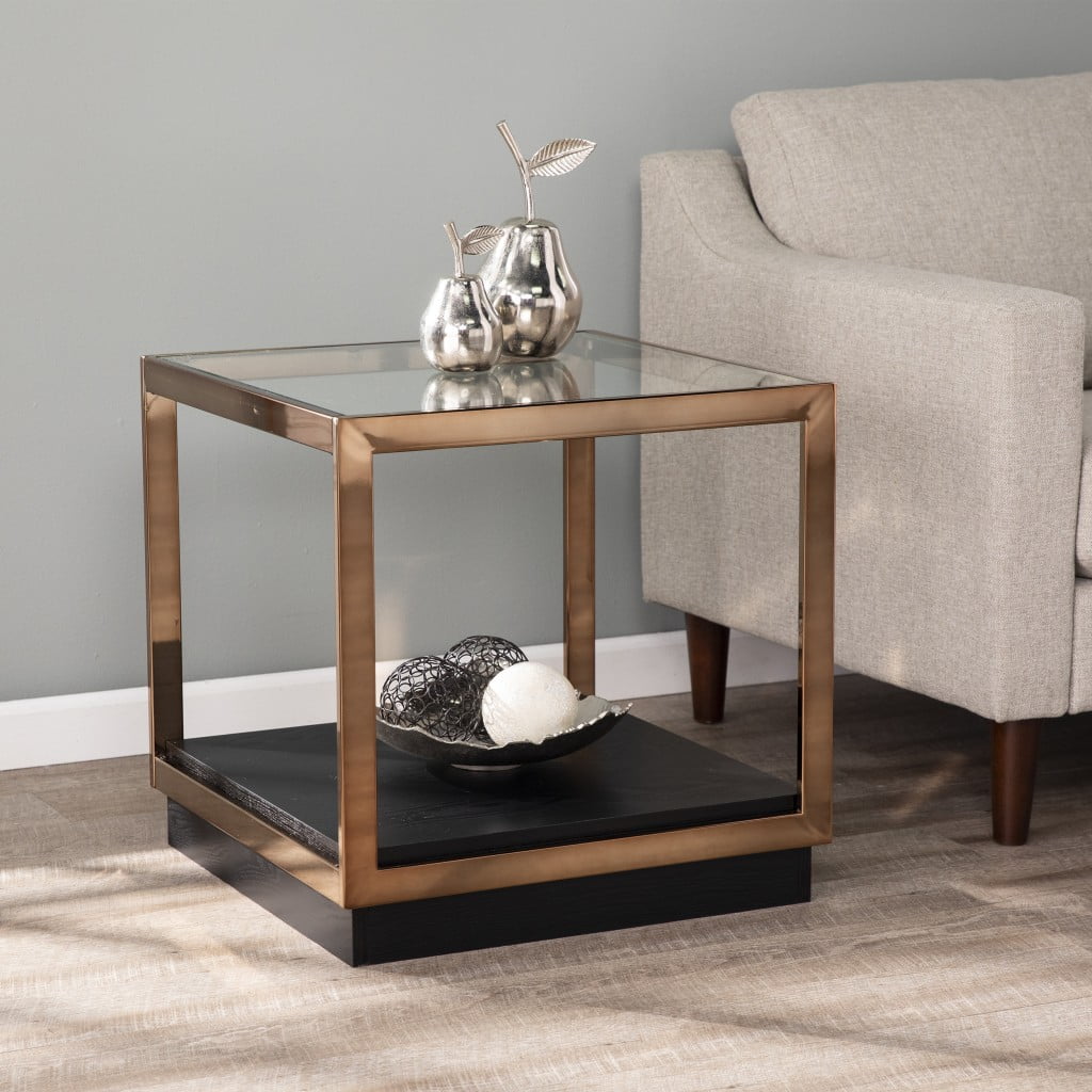 Champagne Finish Metal and Glass Rectangular End Table