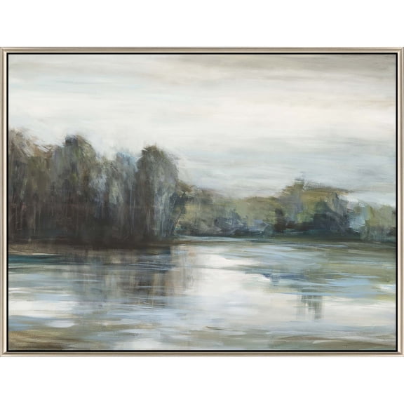 HomeRoots 403702 Serenitys Edge Lakeside Landscape Silver Floater Frame Print Wall Art, Blue
