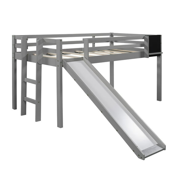 HomeRoots 404202 Gray Twin Size Loft Bed Bed Chalkboard & Slide