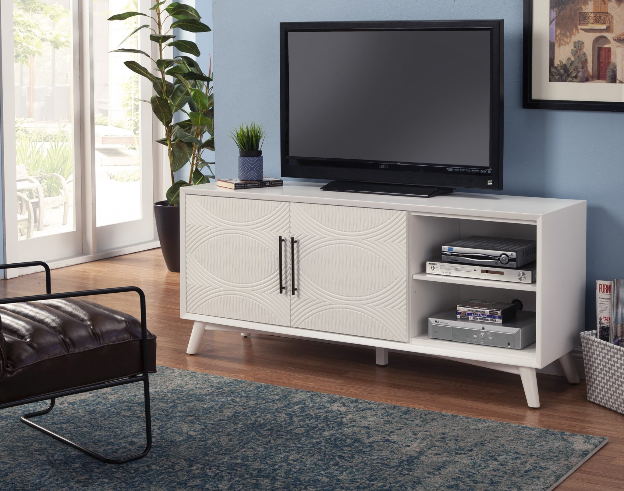 Reed White Textured Mahogany TV Console with Adjustable Shelves