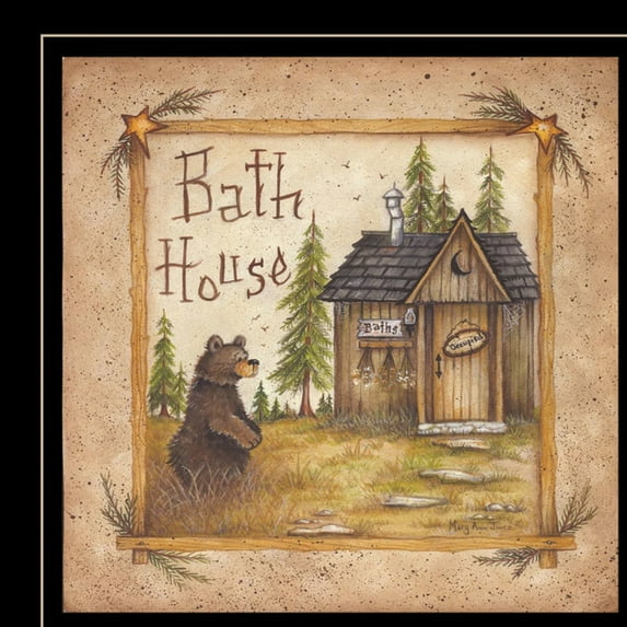 HomeRoots 405267 Bath House & Bear Black Framed Print Bathroom Wall Art, Earthtone