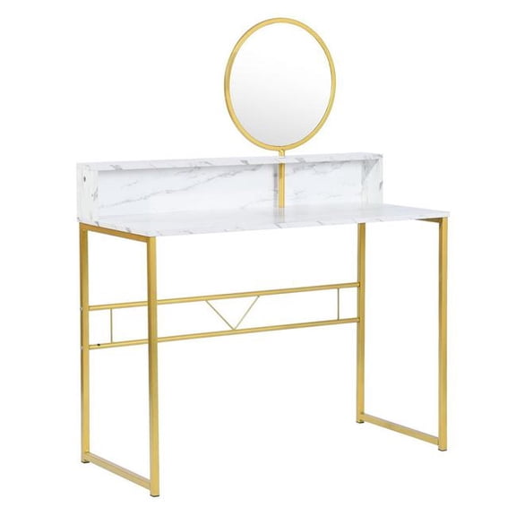 HomeRoots 568240 41 in. White & Gold Faux Marble & Steel Vanity Table with Mirror