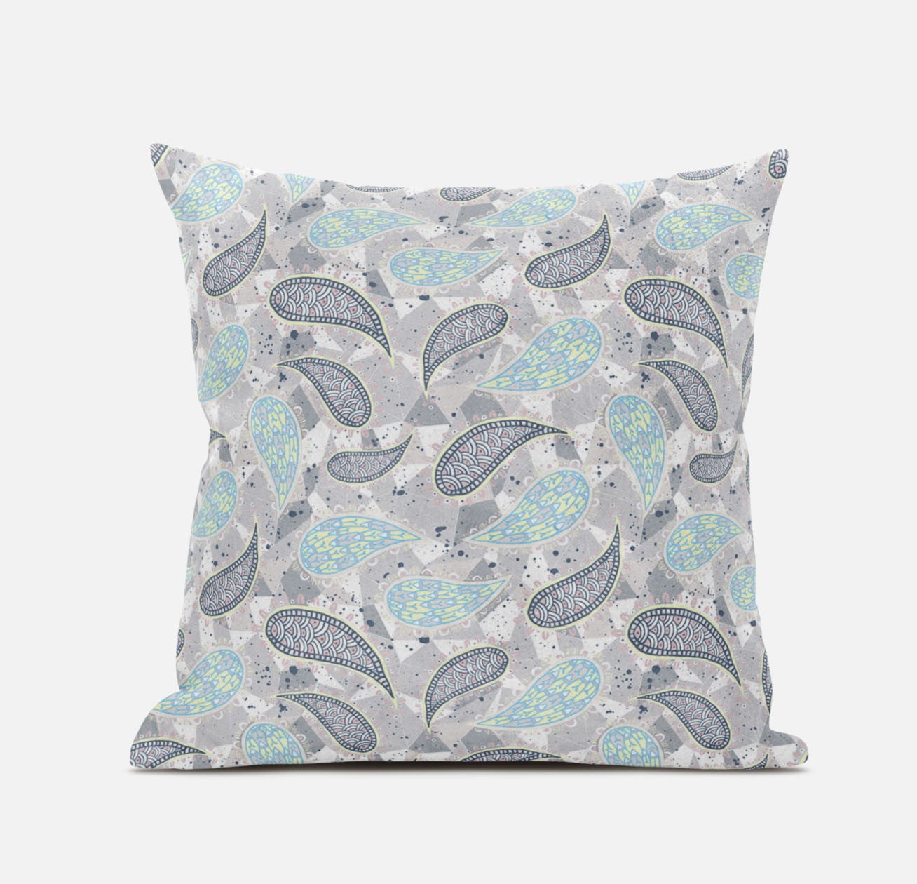 20" Gray and Turquoise Boho Paisley Suede Throw Pillow