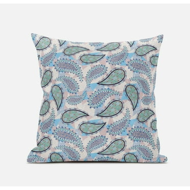 18â€ Blue Green Boho Paisley Zippered Suede Throw Pillow