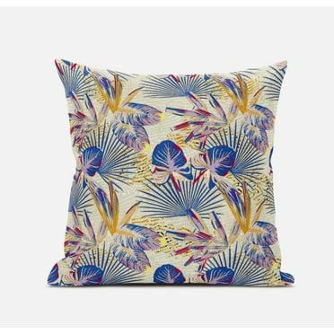 20â€ Blue Cream Tropical Zippered Suede Throw Pillow