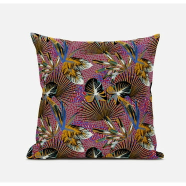 20â€ Magenta Gold Tropical Zippered Suede Throw Pillow