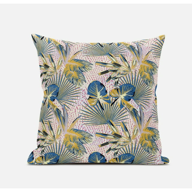 20â€ Blue Gold Tropical Zippered Suede Throw Pillow