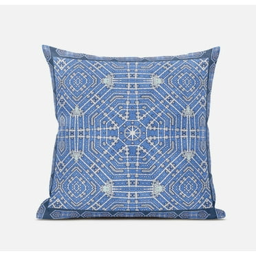 18â€ Blue White Geostar Zippered Suede Throw Pillow