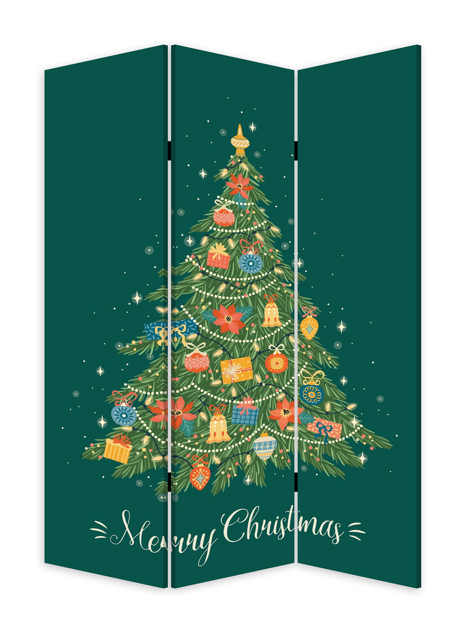 Festive Merry Christmas Green Canvas 3-Panel Room Divider