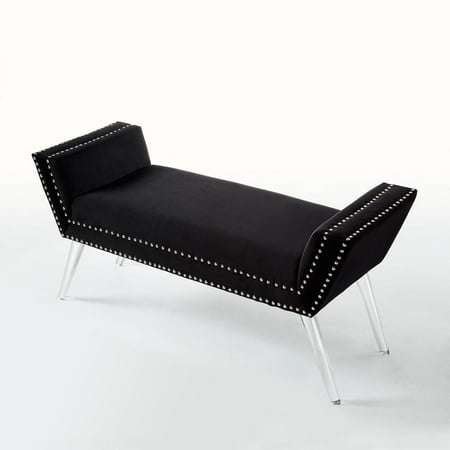 HomeRoots 45" Black And Clear Upholstered Velvet Bench