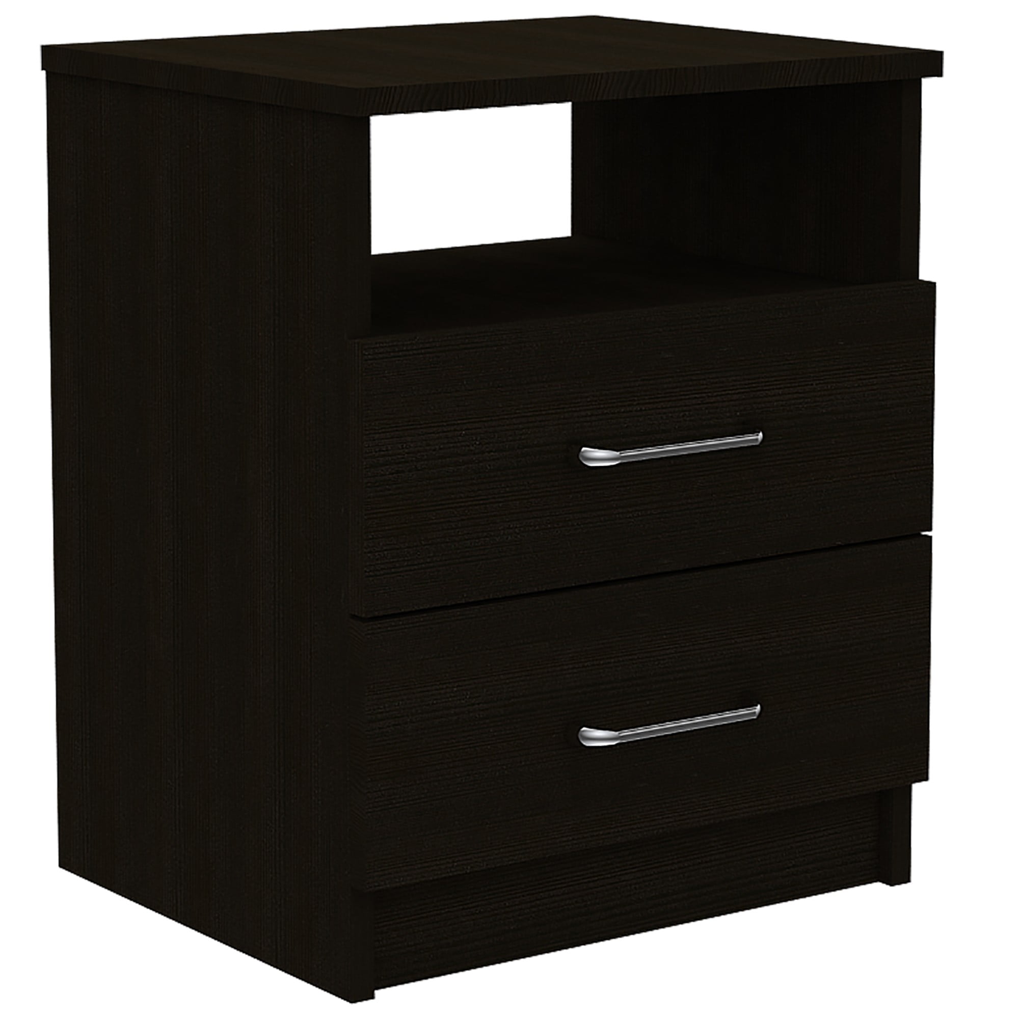 Sleek Brown Oak Two-Drawer Nightstand with Silver Accents