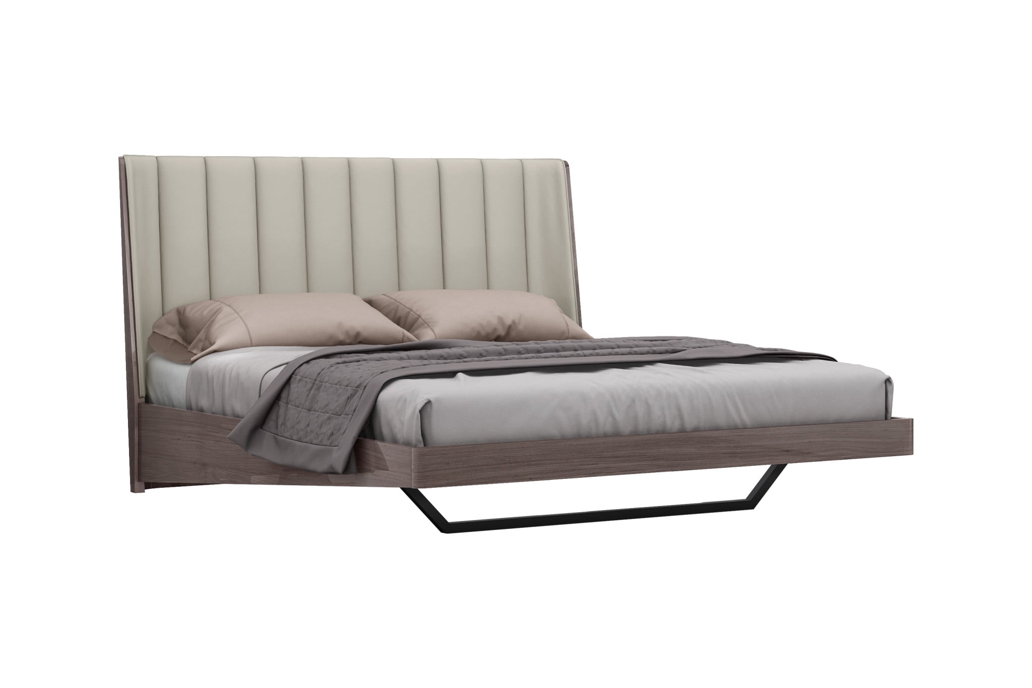HomeRoots 46 x 76 x 80 in. King Size Gray Upholstered Faux Leather & Ivory Gloss Bed Frame